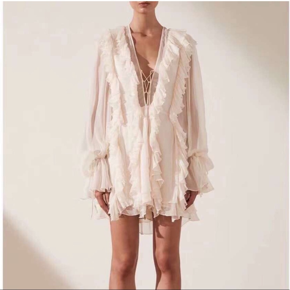 Dress lace up ruffle chic summer spring cream womens lace up - Picture 11 of 15